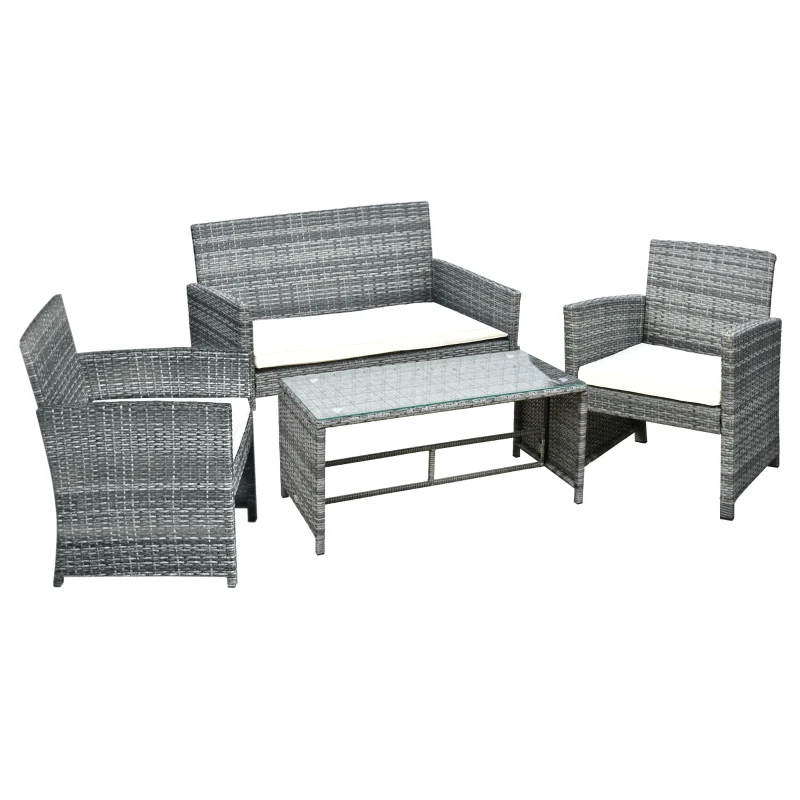 Outsunny Ensemble Salon de Jardin 4 Places : canapé, 2 fauteuils et Table Basse Plateau Verre trempé résine tressée Imitation rotin Gris Coussins Crème